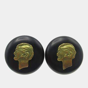 Pre Owned Chanel Button Earrings Black Gold Clip-On