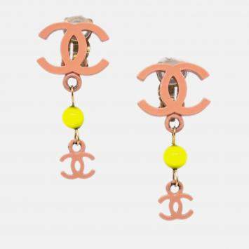 Pre Owned Chanel CC Dangle Earrings Pink Clip-On