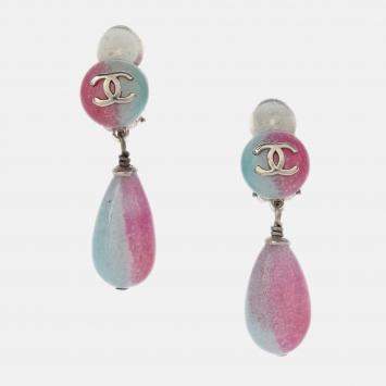 Pre Owned Chanel Dangle Earrings Clip-On Light Blue