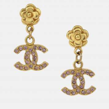 Pre Owned Chanel Dangle CC Piercing Earrings Gold Rhinestone