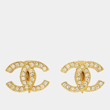Pre Owned Chanel Gold CC Earrings Clip-On Rhinestone