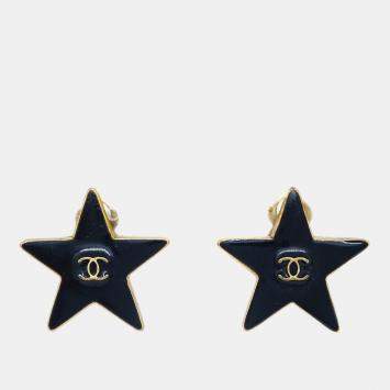 Pre Owned Chanel Star Earrings Clip-On Black