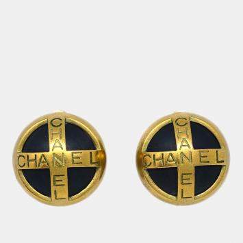 Pre Owned Chanel Button Earrings Clip-On Black Gold