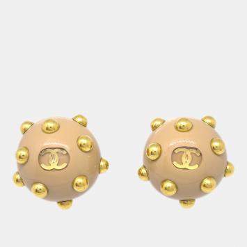 Pre Owned Chanel CC Logos Studs Button Earrings Beige Gold Clip-On
