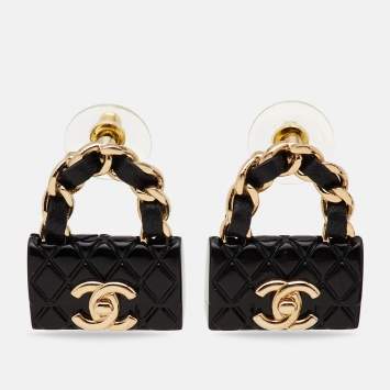 مملوكة مسبقًا Chanel CC Bag Resin Leather Gold Tone Earrings