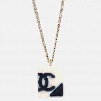 Pre Owned Chanel Cambon Ligne Gold/White Pendant Chain Necklace 