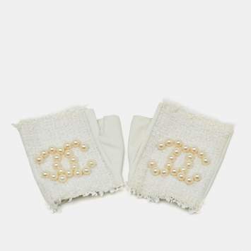 Pre Owned Chanel Off White Leather and Tweed CC Pearl Embellished Fingerless Gloves Size 8
