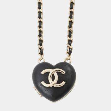 Pre Owned Chanel CC Logo Mirror Black Lambskin Necklace 