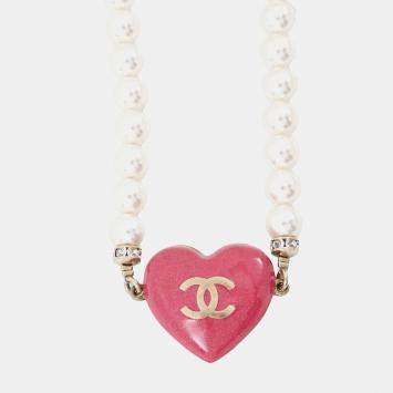 Pre Owned Chanel Heart Pink Rhinestone Gold Plated Faux Pearl Long Necklace 