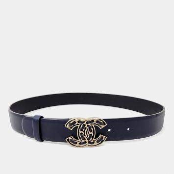 Pre Owned Chanel Navy Leather Logo Belt