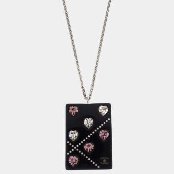 Pre Owned Chanel Silver Acrylic Rectangle Pendant Necklace Rhinestone