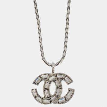 Pre Owned Chanel CC Necklace Pendant Rhinestone Silver
