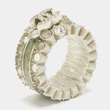 Pre Owned Chanel  CC Enamel Crystals Silver Tone Ring Size 52.5 