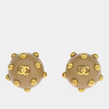 Pre Owned Chanel Studded Button Earrings Clip-On Gold Beige