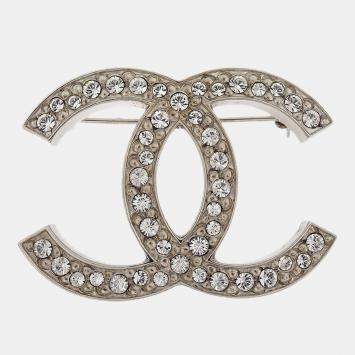 Pre Owned Chanel CC Brooch Pin Silver Rhinestone