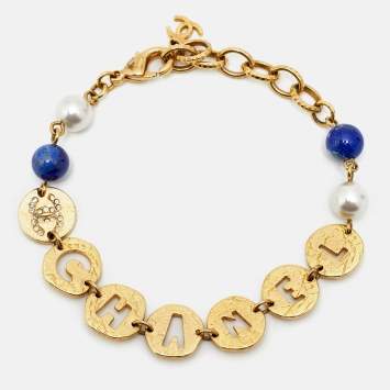 Pre Owned Chanel CC Crystals Faux Pearl Beads Gold Tone Cutwork Logo Charm Beaded Bracelet