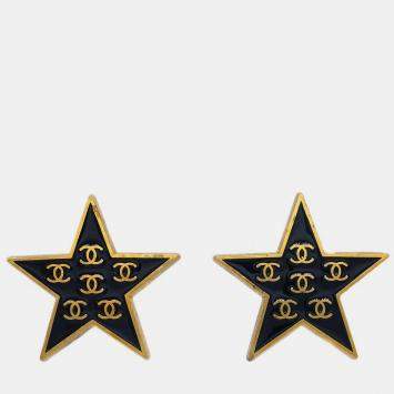 Pre Owned Chanel Star Earrings Clip-On Black 01P