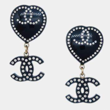 Pre Owned Chanel Gold Plated Rhinestone CC Heart Dangle Earrings Clip-On Black 09C