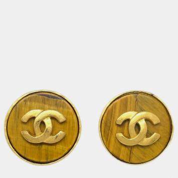 Pre Owned Chanel Button Acrylic Earrings Clip-On Brown Gold 95A