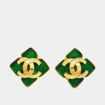 Pre Owned Chanel Gripoix Rhombus Earrings Clip-On Gold Green 95P