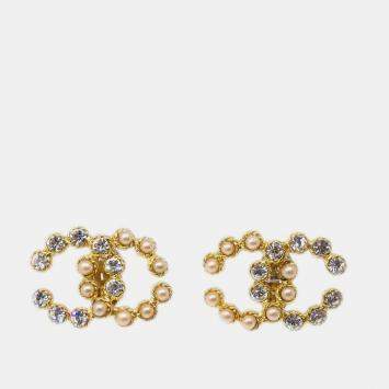 Pre Owned Chanel Gold CC Earrings Clip-On Rhinestone Artificial Pearl 28