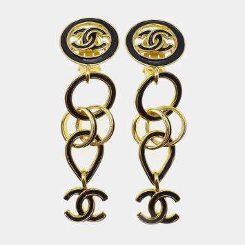 Pre Owned Chanel Dangle Earrings Clip-On Black 95P