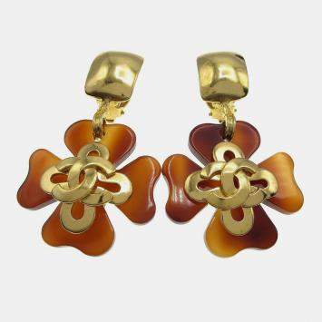 Pre Owned Chanel Clover Dangle Earrings Clip-On Acrylic 95P