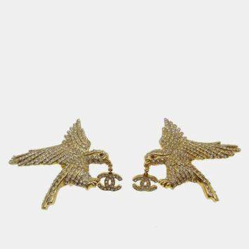 Pre Owned Chanel Rhinestone Eagle Earrings Clip-On Gold 01P