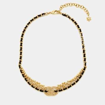 Pre Owned Chanel CC Crystals Leather Gold Tone Necklace