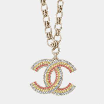 Pre Owned Chanel Cc Logo Metal Rhinestone Multicolor Necklace 
