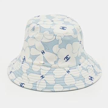 مملوكة مسبقًا Chanel Light Blue/Printed Denim & Cotton Reversible Bucket Hat (56cm)