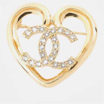 Pre Owned Chanel CC Logo Heart Brooch Gold Metal Rhinestone