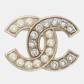 Pre Owned Chanel CC Crystal & Pearl Brooch