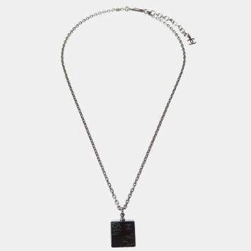 Pre Owned Chanel Silver Black Square Necklace Pendant