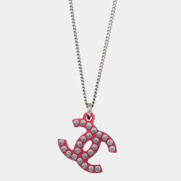 Pre Owned Chanel CC Chain Pendant Necklace Acrylic Silver Red