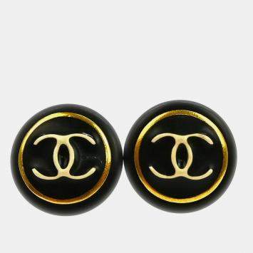 Pre Owned Chanel Button Earrings Clip-On Black Gold