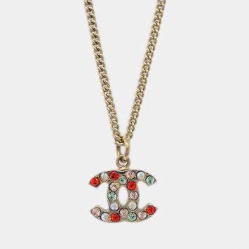 Pre Owned Chanel Gold Mini CC Pendant Necklace Rhinestone