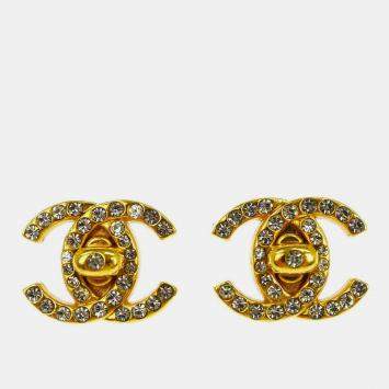 Pre Owned Chanel CC Turnlock Rhinestone Earrings Clip-On Gold Small
