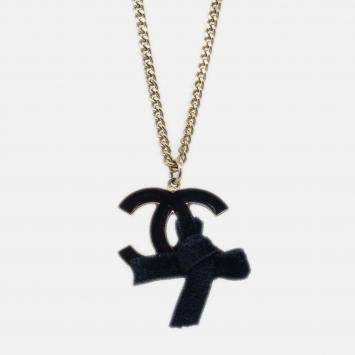 Pre Owned Chanel Bow CC Chain Necklace Pendant Gold Black