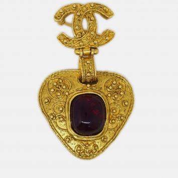 Pre Owned Chanel Gripoix Brooch Pin Gold Red