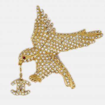 Pre Owned Chanel Eagle Rhinestone Brooch Pin Gold