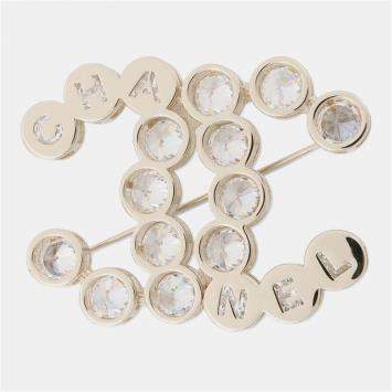 Pre Owned Chanel CC Logo Rhinestone Gold Plated Brooch 