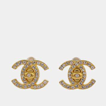 Pre Owned Chanel CC Turnlock Rhinestone Earrings Clip-On Gold Small