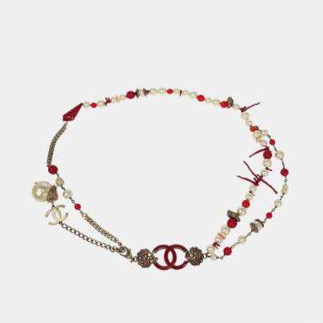 Pre Owned حزام شانيل سلسلة فضية لؤلؤ اصطناعي حجر الراين حجم صغير