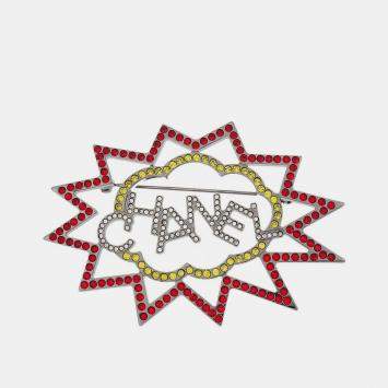 Pre Owned Chanel Brooch Pin Rhinestone Silver Red B17K