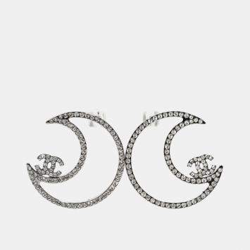 Pre Owned Chanel 2017 Silver Toned Crystal CC Moon Stud Earrings