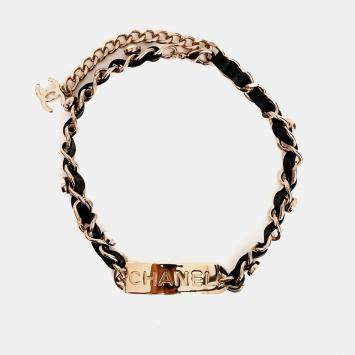 Pre Owned Chanel Leather Chain/GHW Pearl Detail Choker Necklace