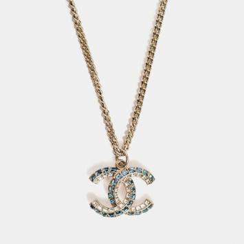 Pre Owned Chanel 2019 Silver Toned Blue Crystal CC Long Necklace