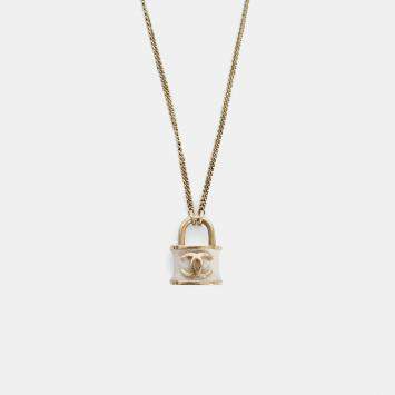 Pre Owned Chanel 2018 Gold Toned CC White Shimmer Lock Pendant Necklace