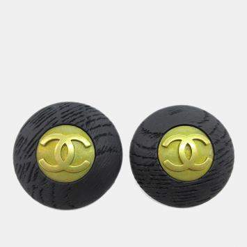 Pre Owned Chanel Button Earrings Clip-On Gold Black